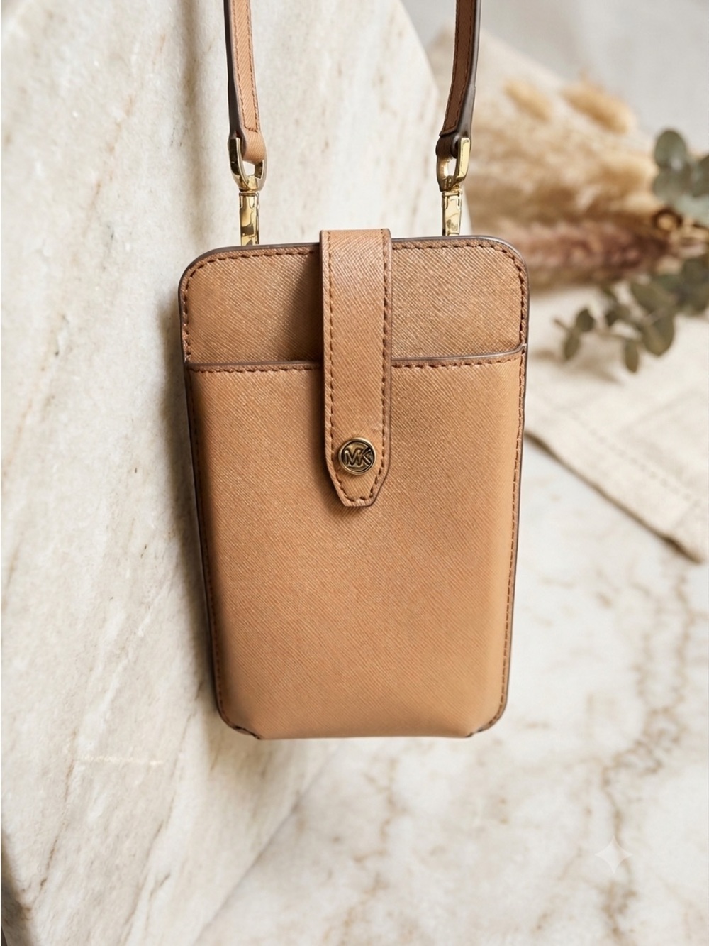 Michael Kors Saffiano Leather Smartphone Crossbody Bag Tan/Gold Hardware